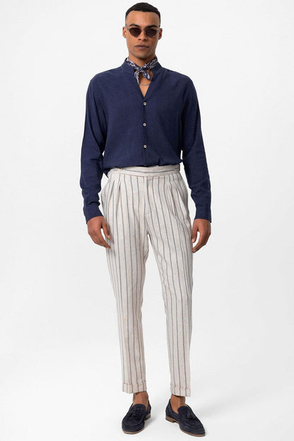 Men's Navy Blue Navy Mandarin Collar Long-Sleeve Shirt