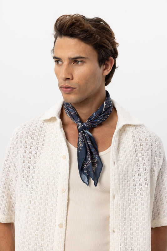 Men's Navy Blue Navy Square Ethnic Patterned Scarf