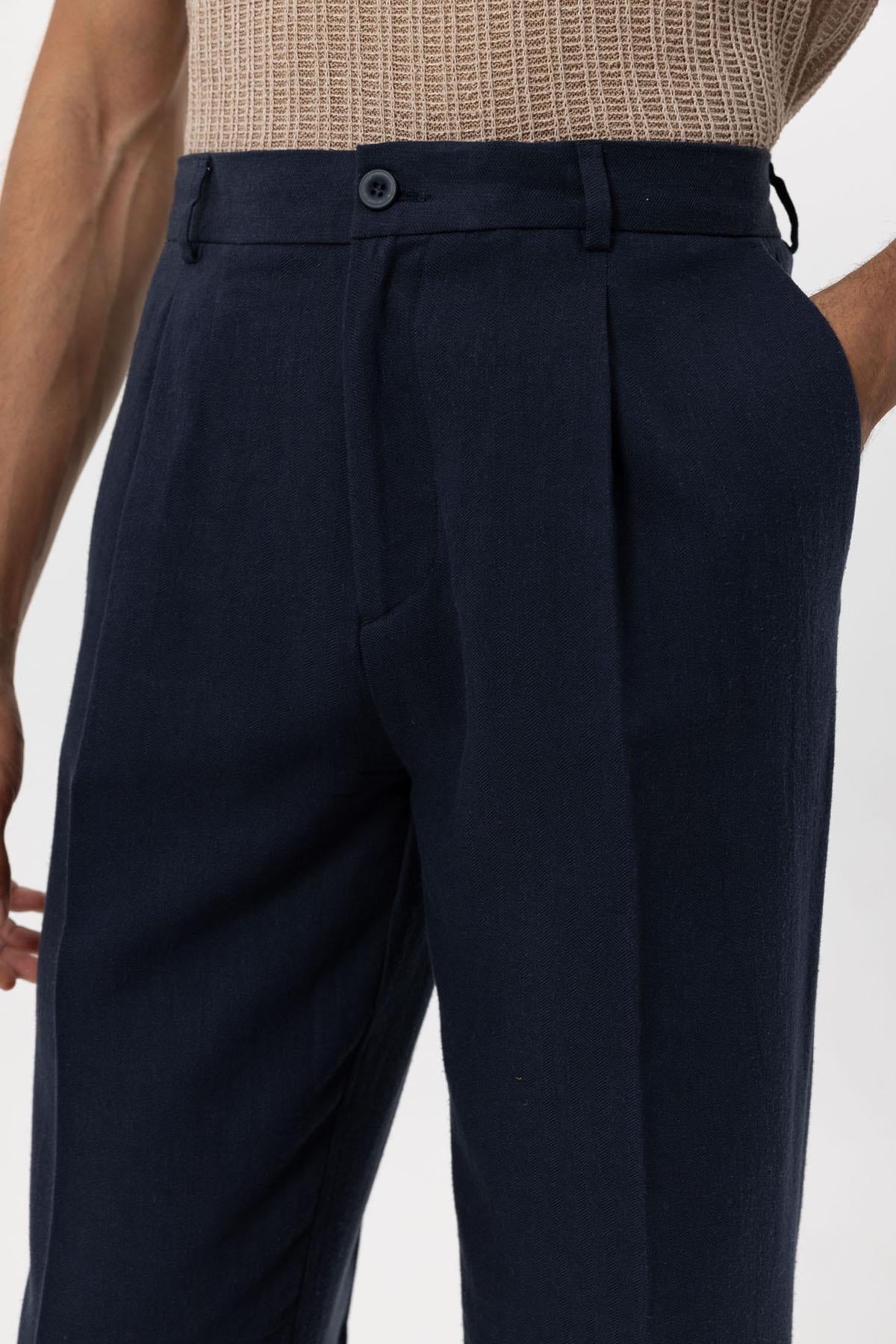 Men's Navy Blue Navy Linen Blend Baggy Pants