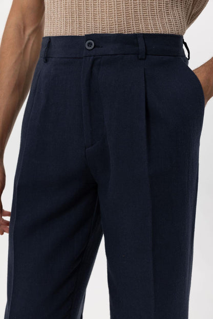 Men's Navy Blue Navy Linen Blend Baggy Pants