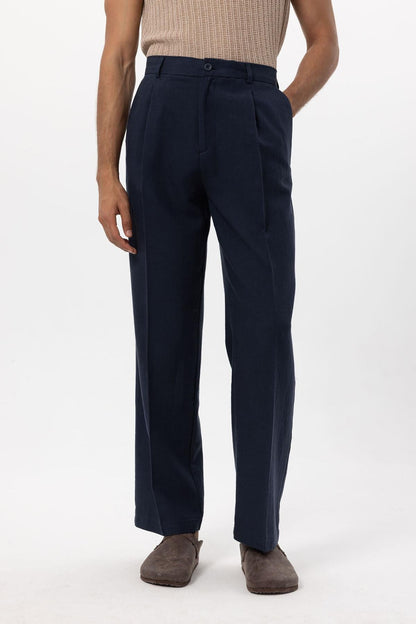 Men's Navy Blue Navy Linen Blend Baggy Pants