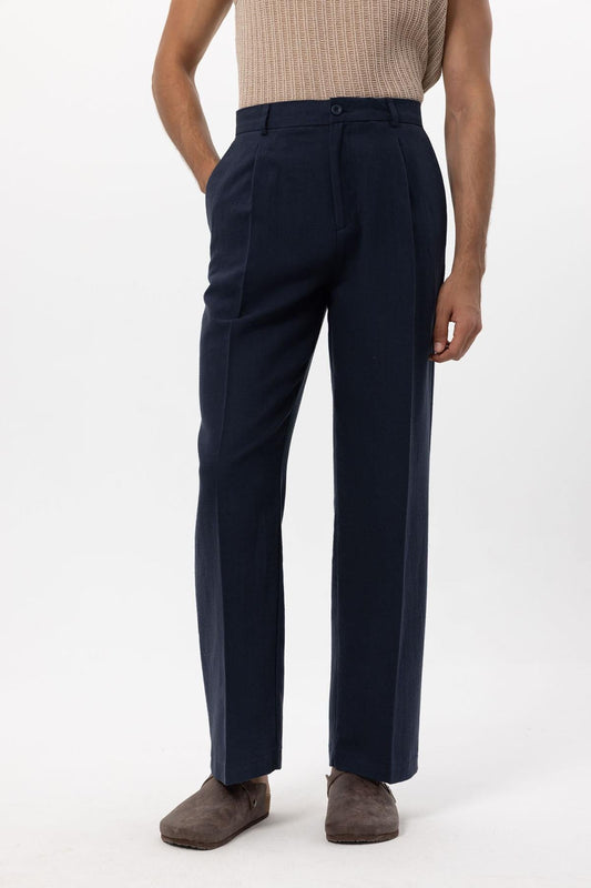 Men's Navy Blue Navy Linen Blend Baggy Pants