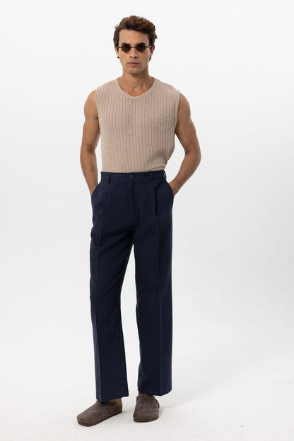 Men's Navy Blue Navy Linen Blend Baggy Pants