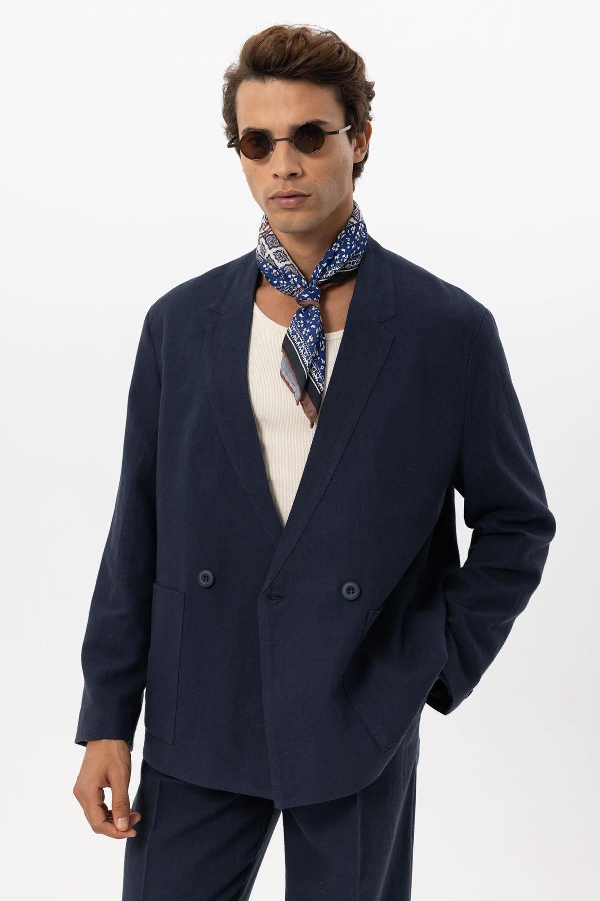 KOALA SYDNEY  Men's Navy Blue Navy Linen Blend Double-Breasted Jacket -