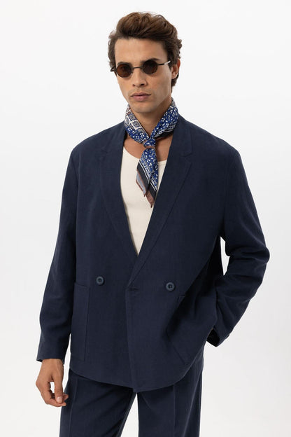 Men's Navy Blue Navy Linen Blend Double-Breasted Jacket