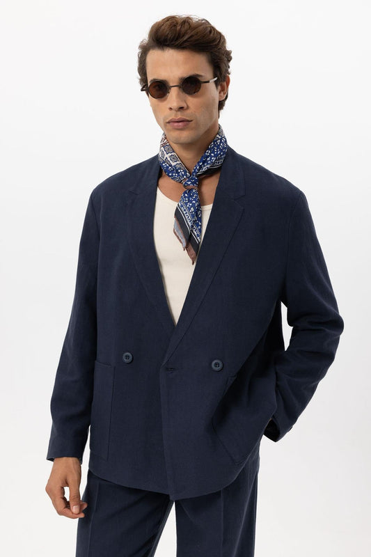 KOALA SYDNEY Men's Navy Blue Navy Linen Blend Double-Breasted Jacket