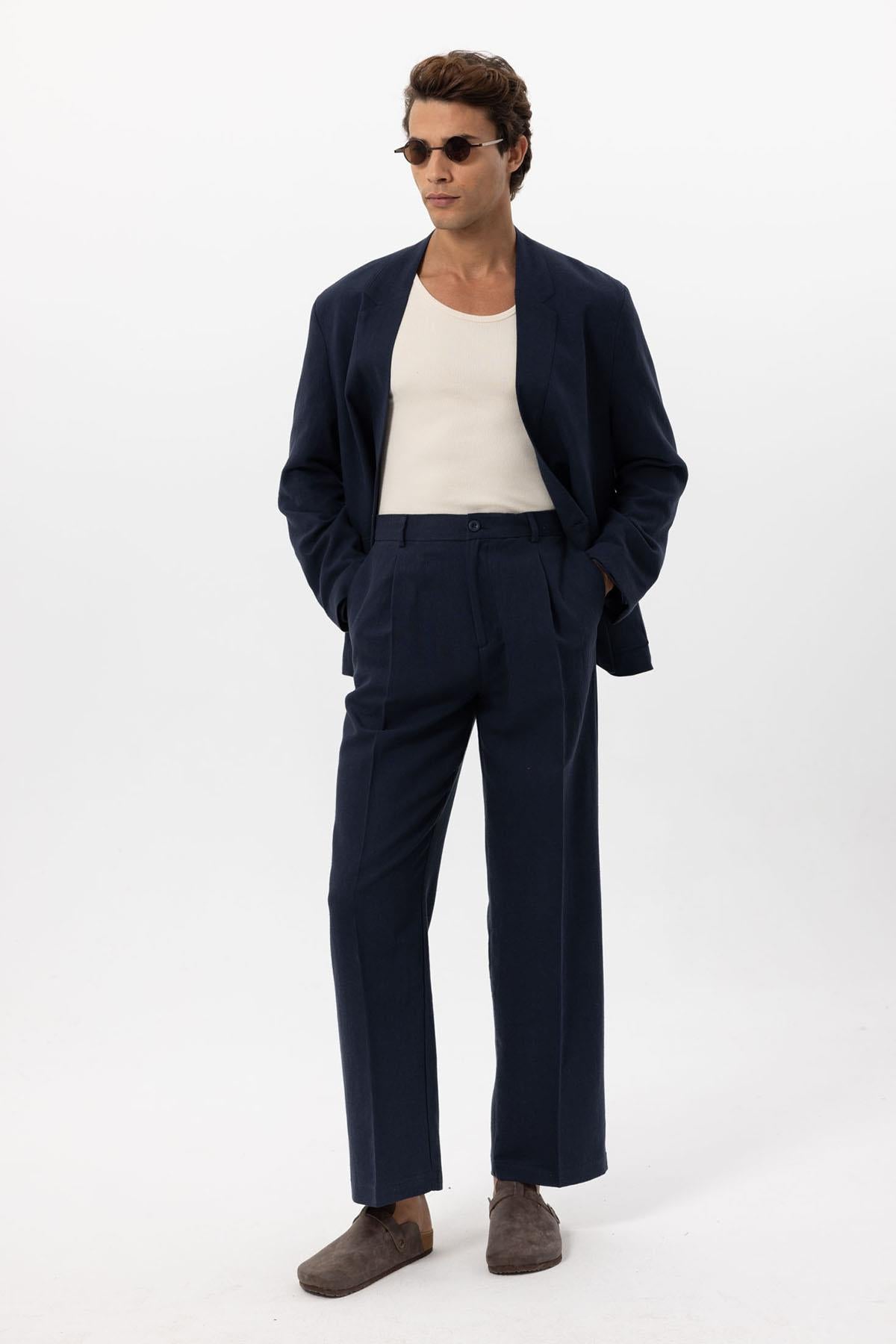 KOALA SYDNEY  Men's Navy Blue Navy Linen Blend Double-Breasted Jacket -