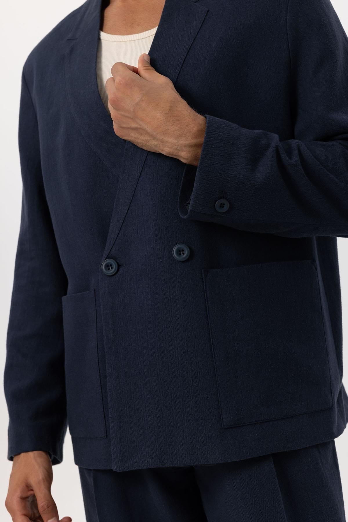 KOALA SYDNEY  Men's Navy Blue Navy Linen Blend Double-Breasted Jacket -