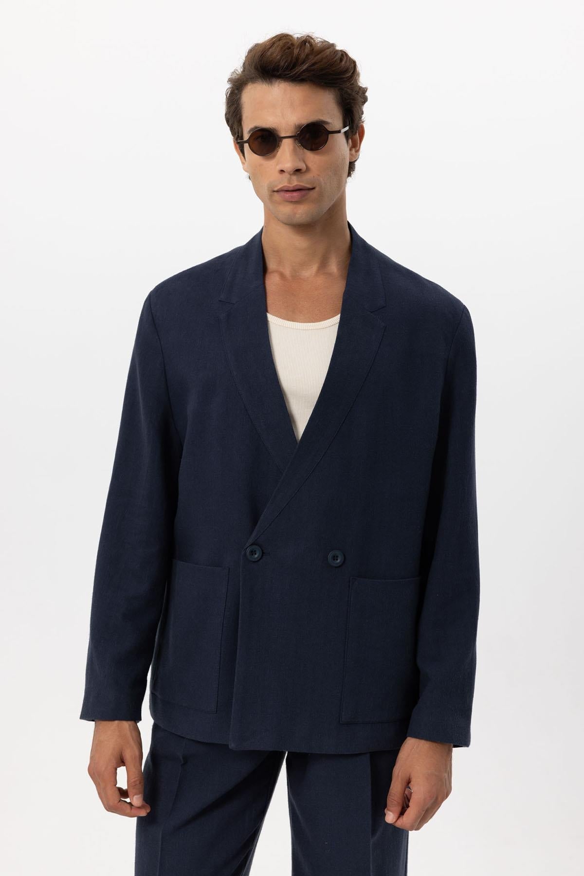 KOALA SYDNEY  Men's Navy Blue Navy Linen Blend Double-Breasted Jacket -