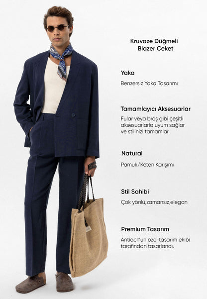 Men's Navy Blue Navy Linen Blend Double-Breasted Jacket