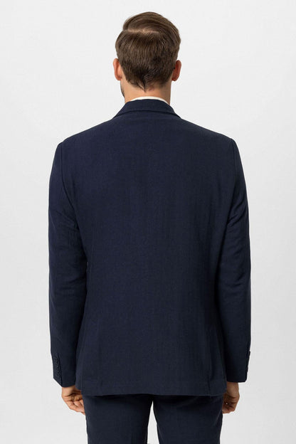 Men's Navy Blue Navy Double-Breasted Linen Blend Jacket