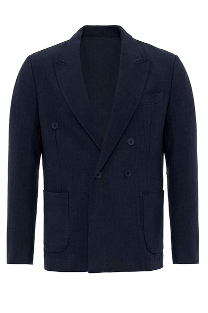 Men's Navy Blue Navy Double-Breasted Linen Blend Jacket