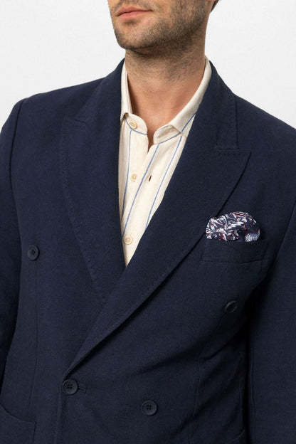 Men's Navy Blue Navy Double-Breasted Linen Blend Jacket