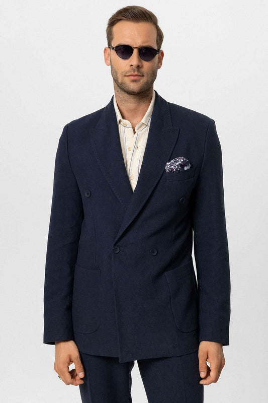 KOALA SYDNEY Men's Navy Blue Navy Double-Breasted Linen Blend Jacket