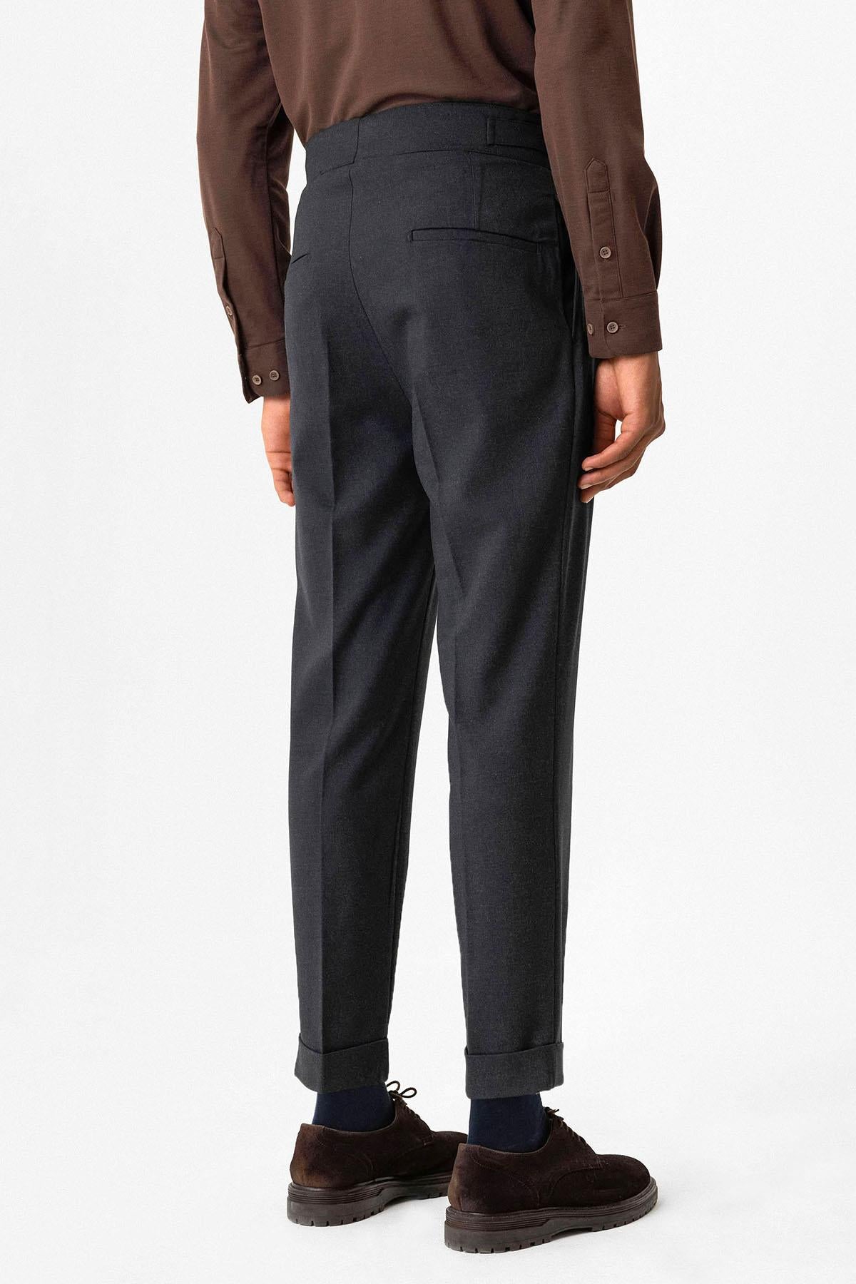 Navy Pleated Men's Trousers with Buckle Detail