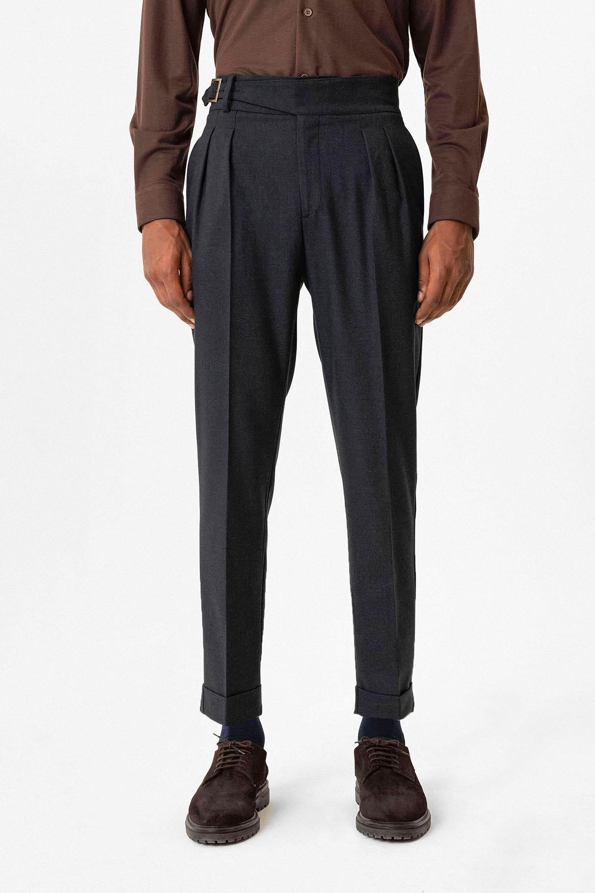 Navy Pleated Men's Trousers with Buckle Detail