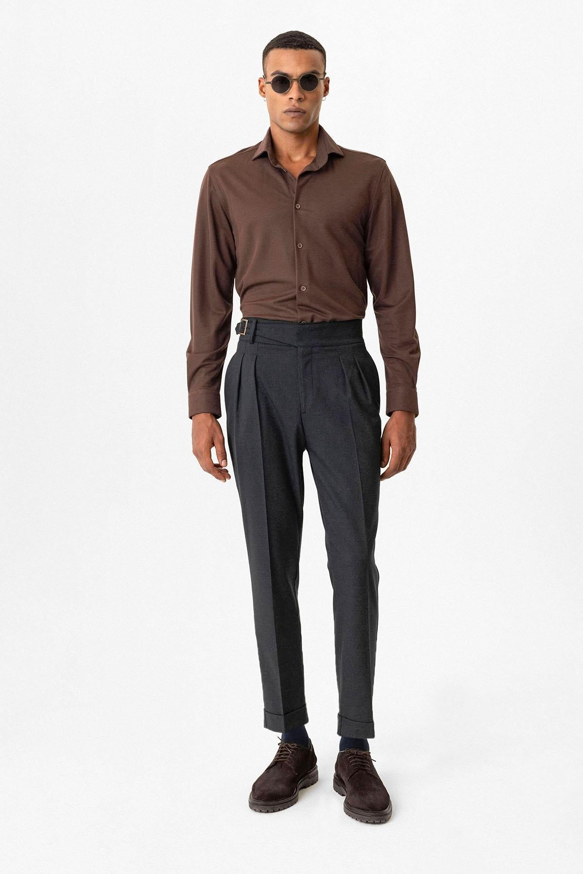 Navy Pleated Men's Trousers with Buckle Detail