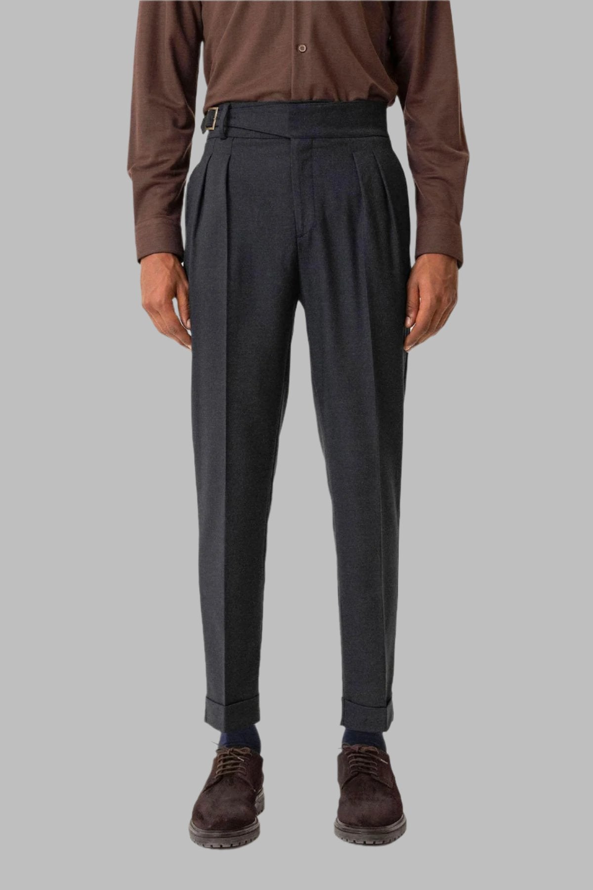 Navy Pleated Men's Trousers with Buckle Detail