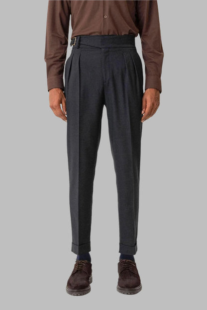 Navy Pleated Men's Trousers with Buckle Detail