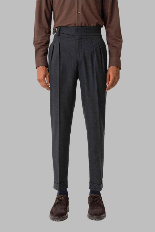 Navy Pleated Men's Trousers with Buckle Detail