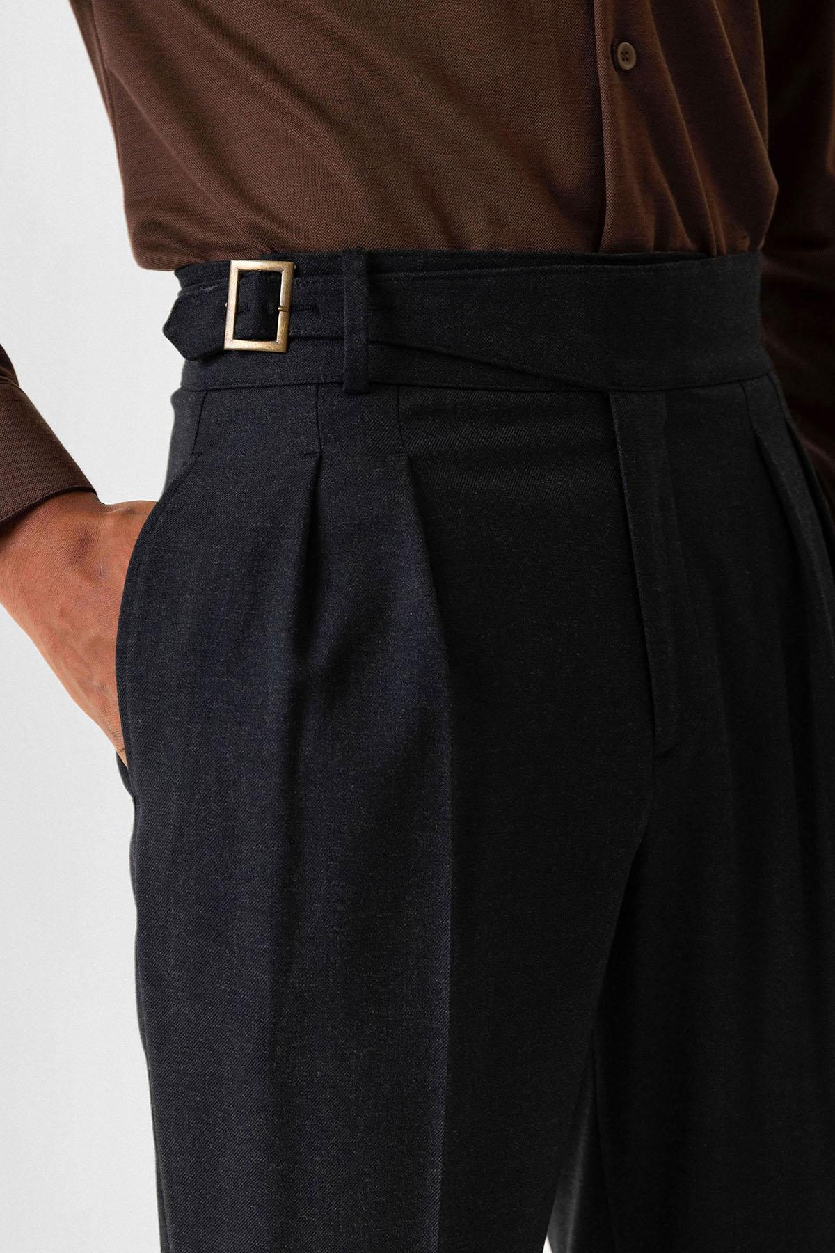 Navy Pleated Men's Trousers with Buckle Detail
