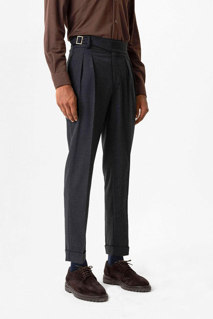 Navy Pleated Men's Trousers with Buckle Detail