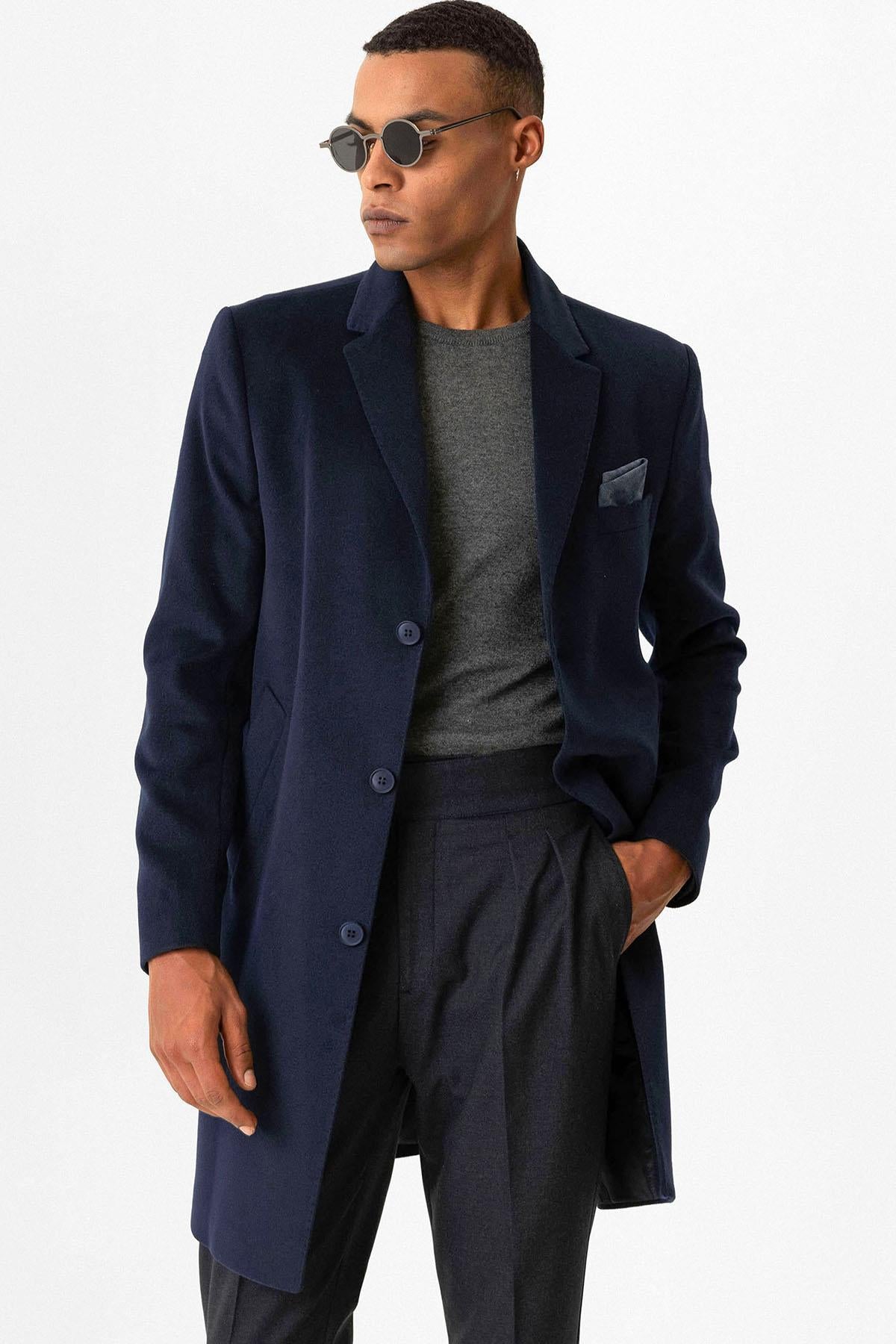 KOALA SYDNEY  Navy Slim Fit Notch Lapel Men's Coat -