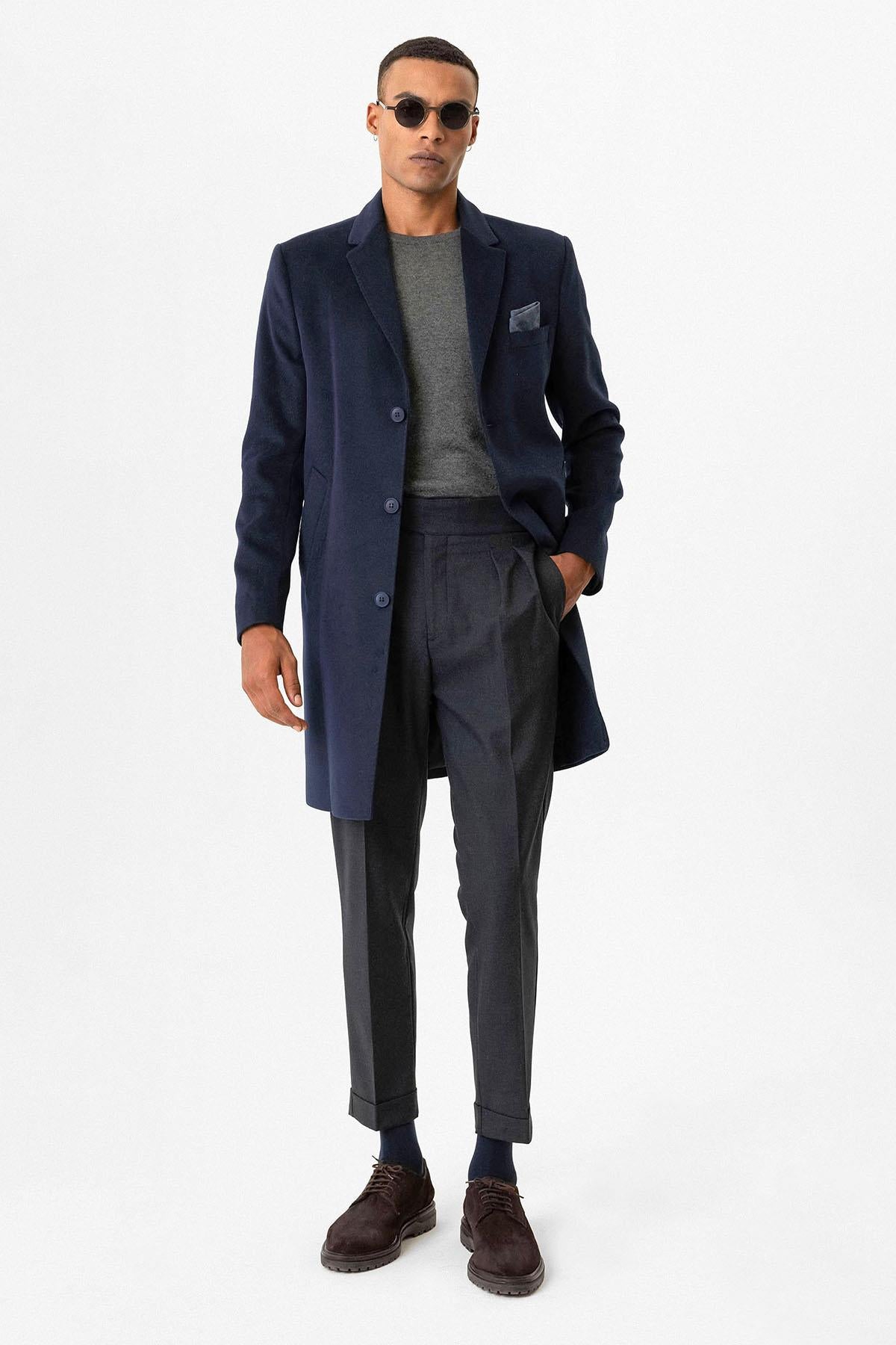 Navy Slim Fit Notch Lapel Men's Coat