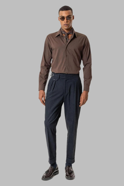 Navy High-Waisted Men's Trousers with Buckle Detail