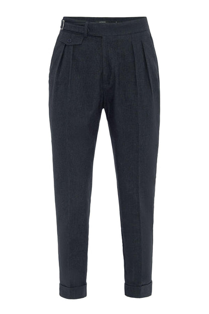 Navy High-Waisted Men's Trousers with Buckle Detail