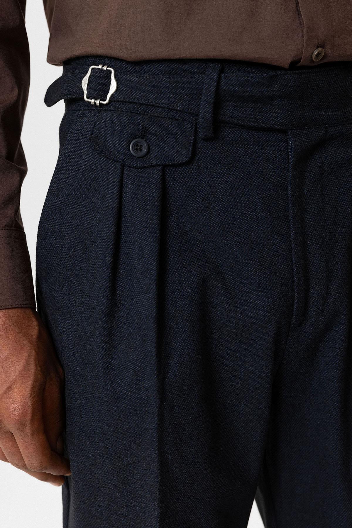 Navy High-Waisted Men's Trousers with Buckle Detail