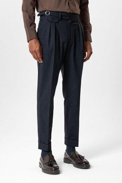 Navy High-Waisted Men's Trousers with Buckle Detail