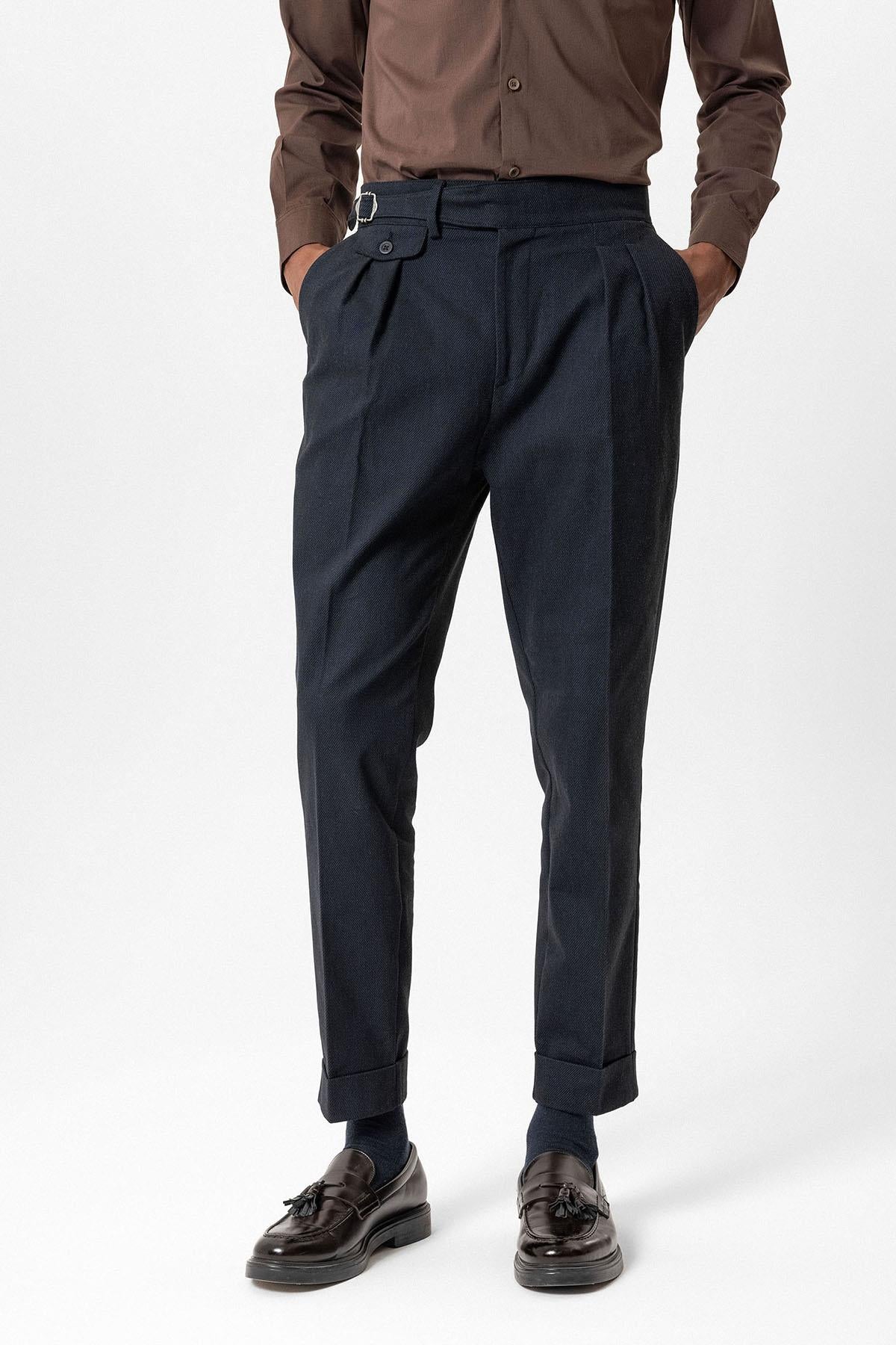 Navy High-Waisted Men's Trousers with Buckle Detail