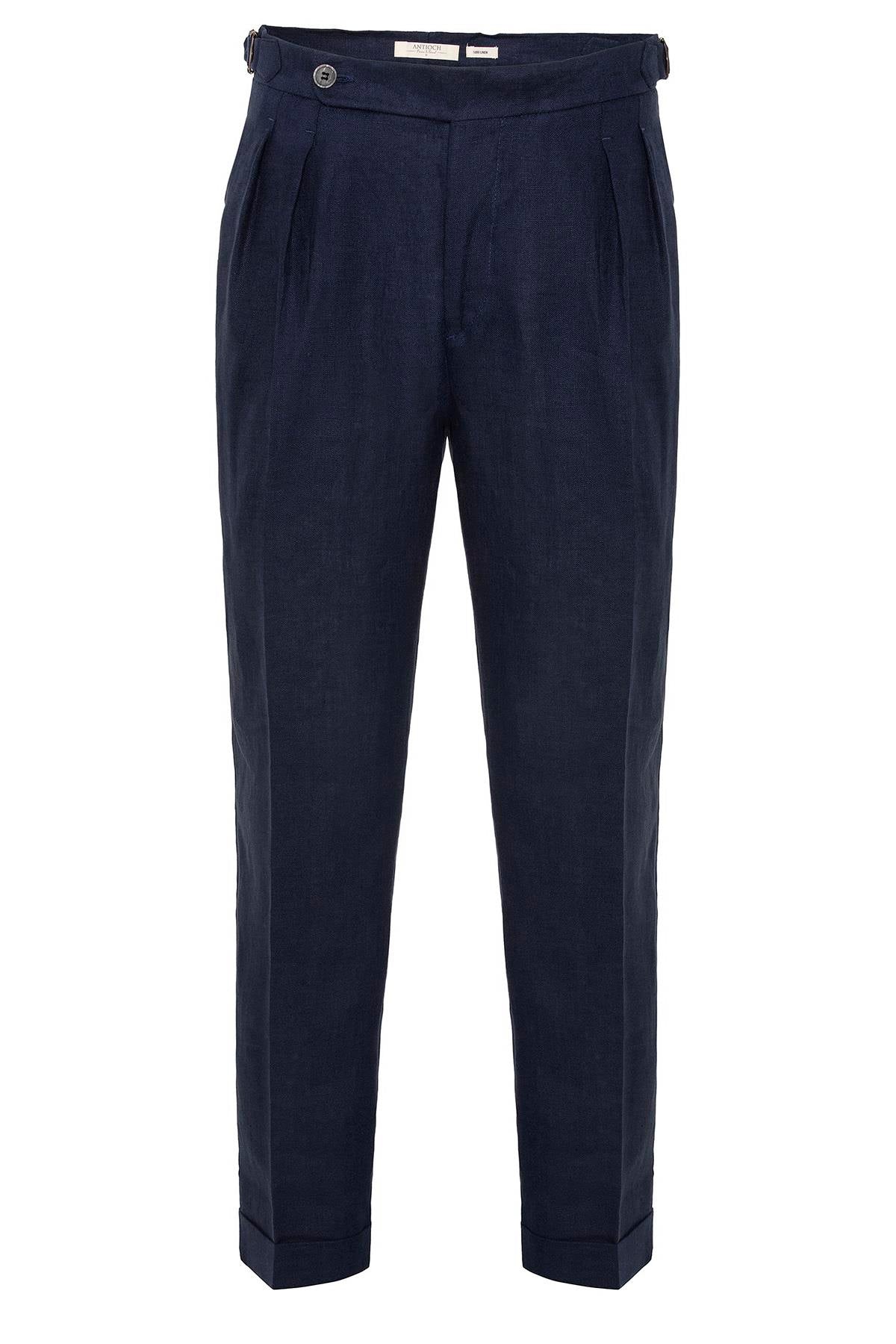 Men's Navy Blue Navy High-Waist 100% Linen Pleated Pants