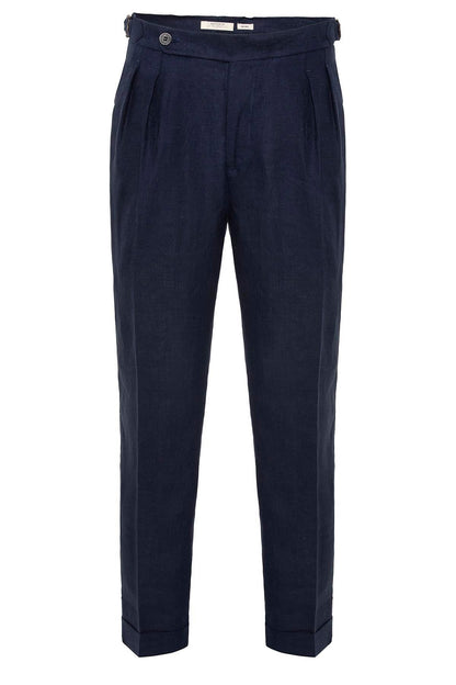 Men's Navy Blue Navy High-Waist 100% Linen Pleated Pants