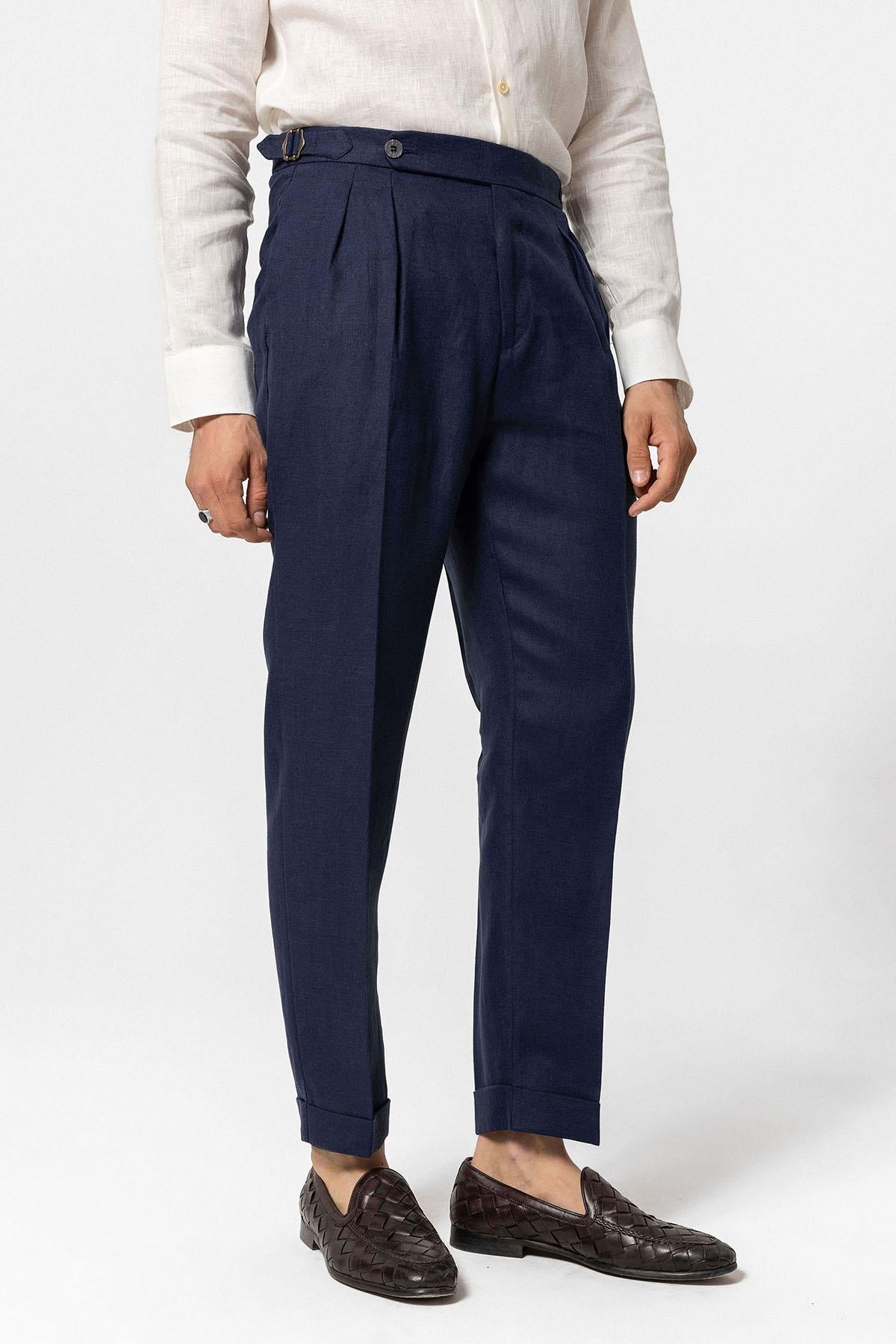 Men's Navy Blue Navy High-Waist 100% Linen Pleated Pants