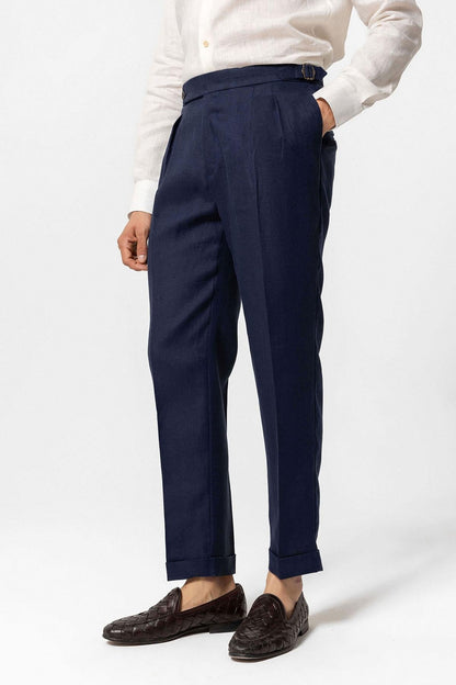 Men's Navy Blue Navy High-Waist 100% Linen Pleated Pants
