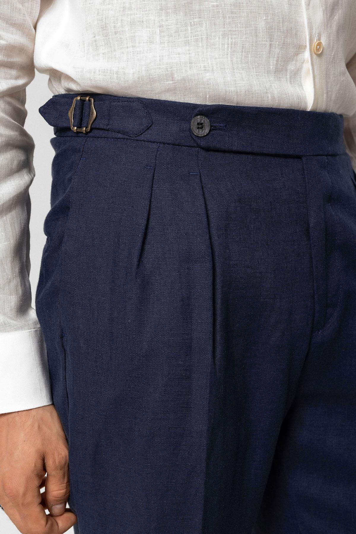 Men's Navy Blue Navy High-Waist 100% Linen Pleated Pants