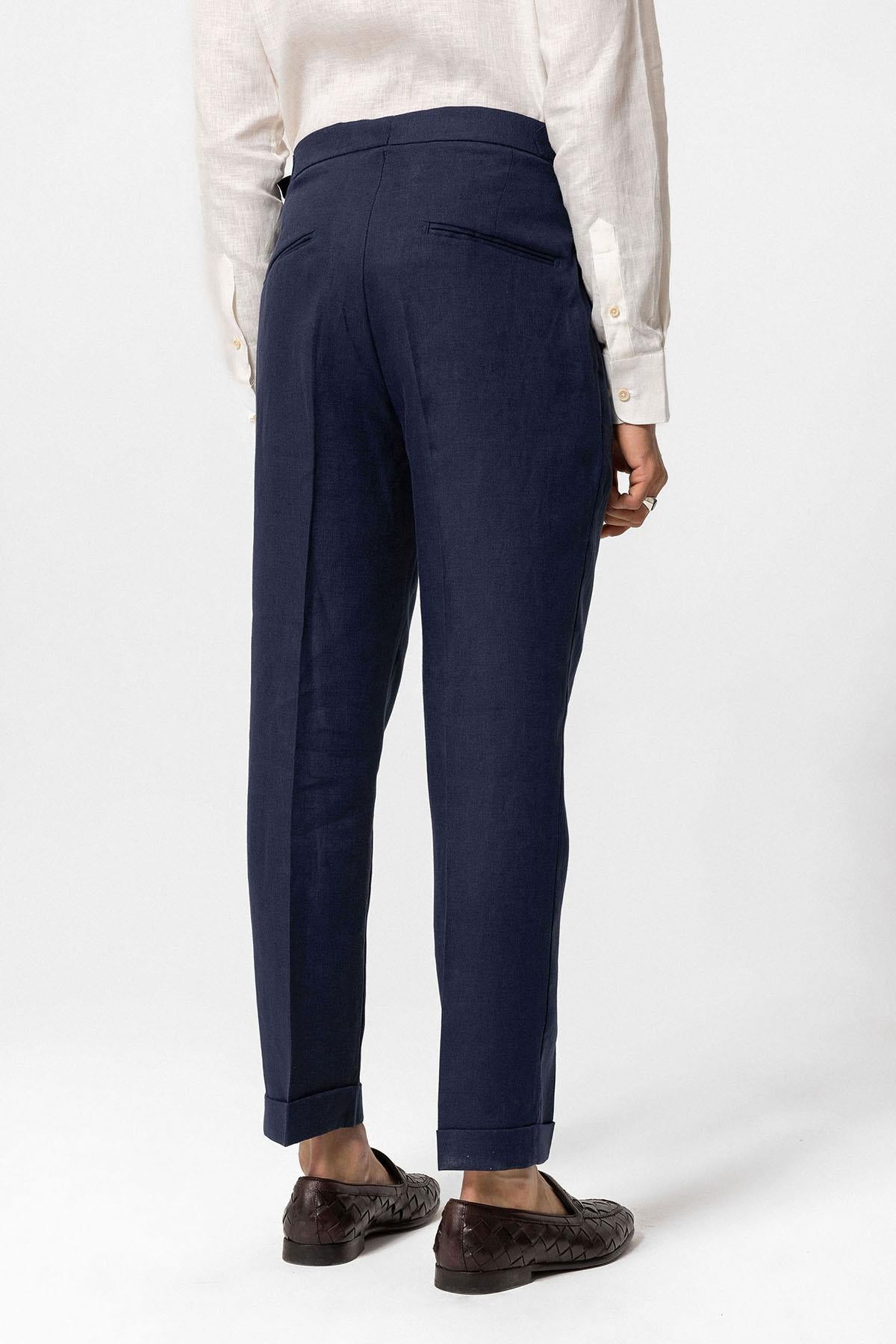 Men's Navy Blue Navy High-Waist 100% Linen Pleated Pants
