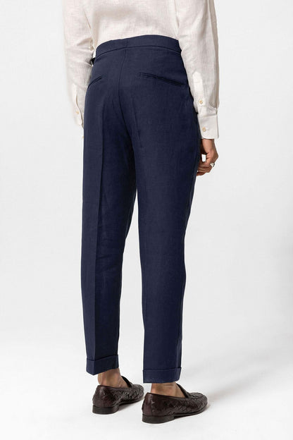 Men's Navy Blue Navy High-Waist 100% Linen Pleated Pants