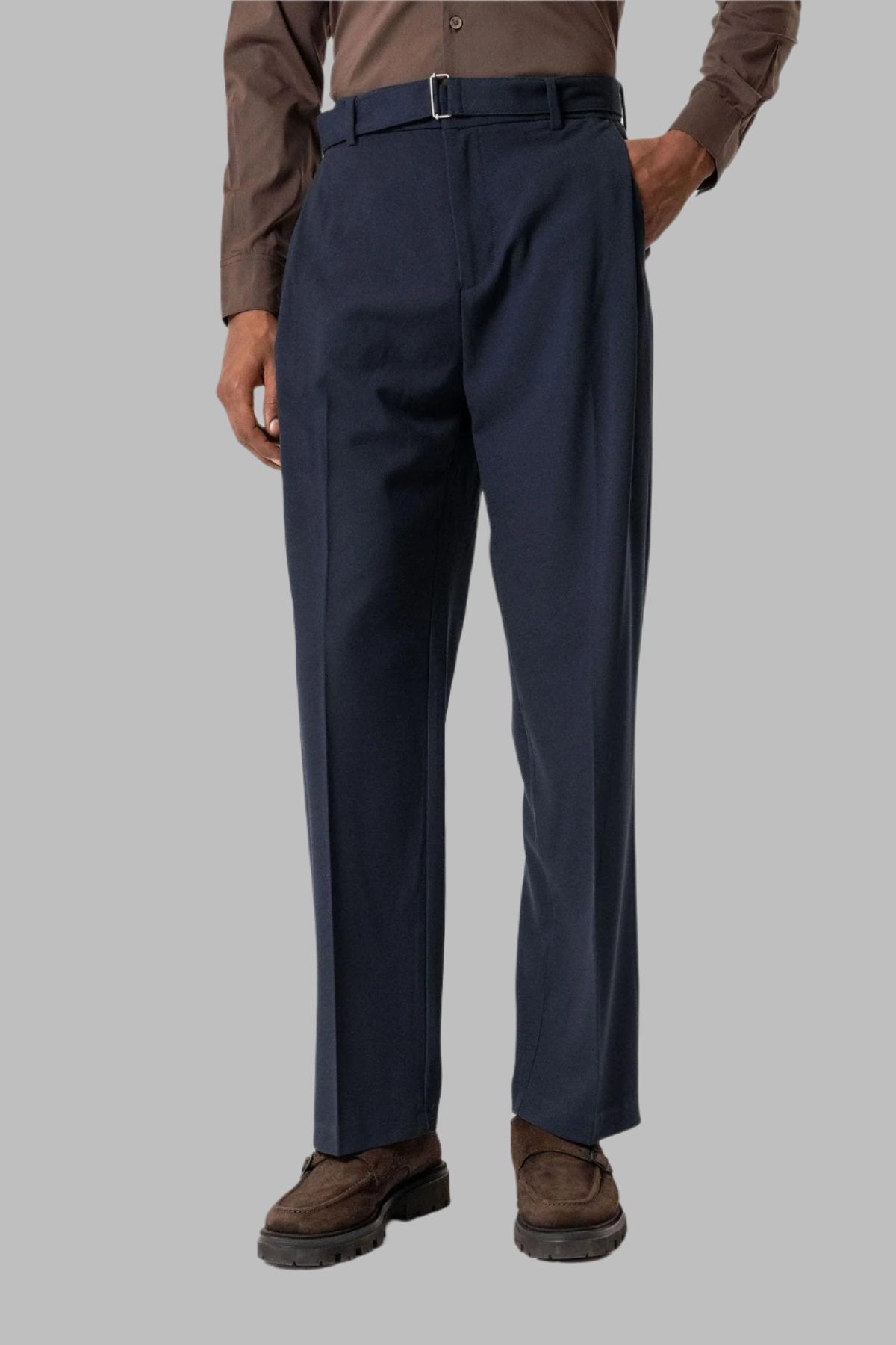 Navy High-Waisted Belted Men's Trousers