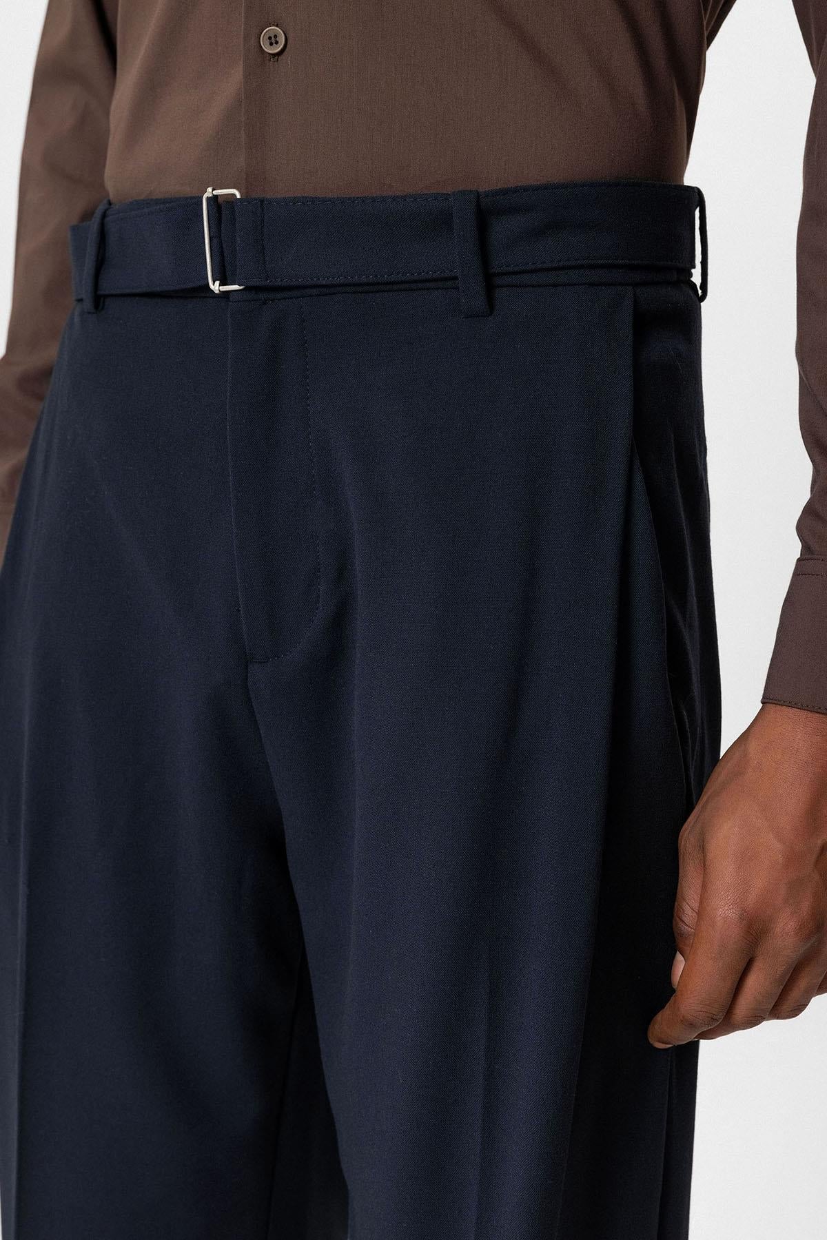 Navy High-Waisted Belted Men's Trousers