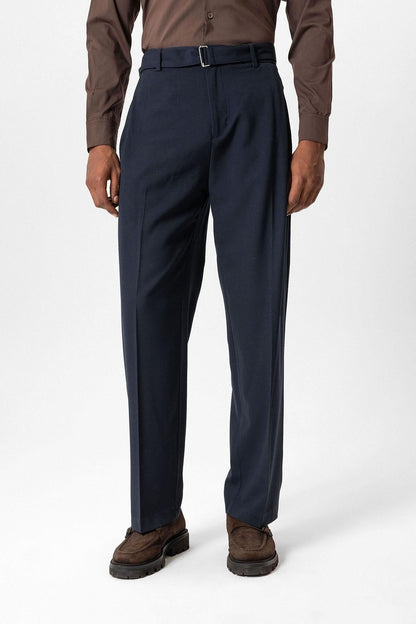 Navy High-Waisted Belted Men's Trousers