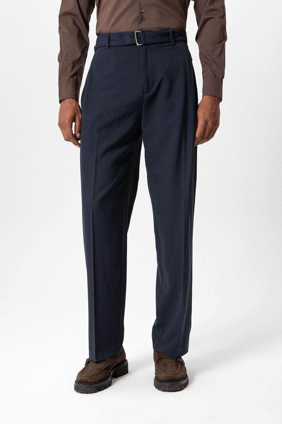 Navy High-Waisted Belted Men's Trousers
