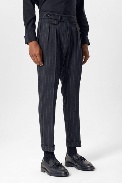 KOALA SYDNEY  Navy High-Waisted Pleated Striped Men's Trousers