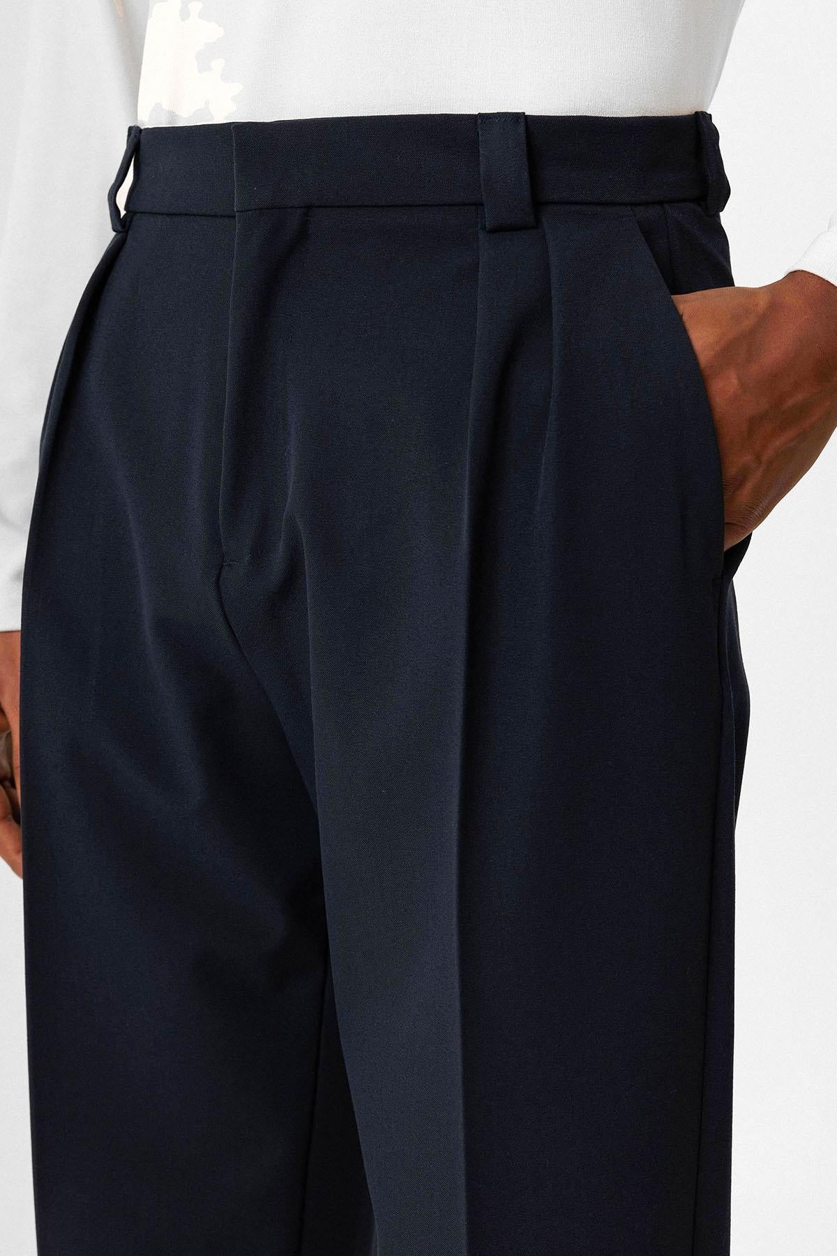 Navy Blue High Waist Pleated Relaxed Fit Baggy Men's Pants
