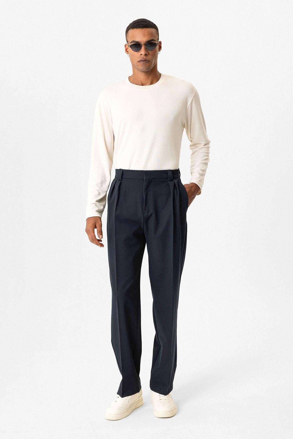 Navy Blue High Waist Pleated Relaxed Fit Baggy Men's Pants