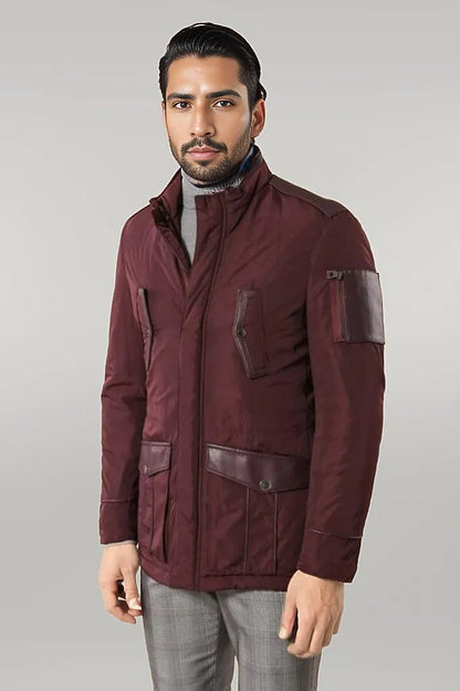 Leather Modeled Burgundy Slim Fit Quilted Jacket