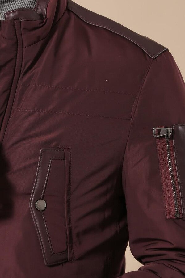 Leather Modeled Burgundy Slim Fit Quilted Jacket
