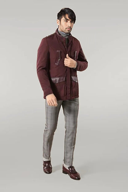 Leather Modeled Burgundy Slim Fit Quilted Jacket